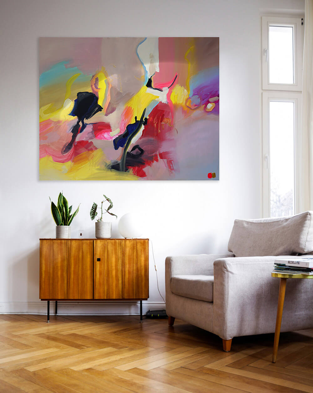 Abstraktes Original von Pink und Gold im Wohnraum