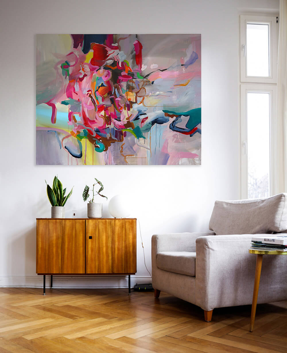 Brainfuck – abstraktes Gemälde Pink Gold, Acryl auf Leinwand 120x150 cm