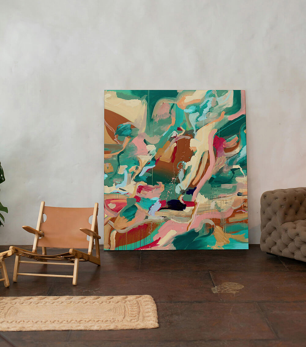 Astroid Plain – abstraktes Gemälde Pink Gold im Wohnraum, 150x150 cm