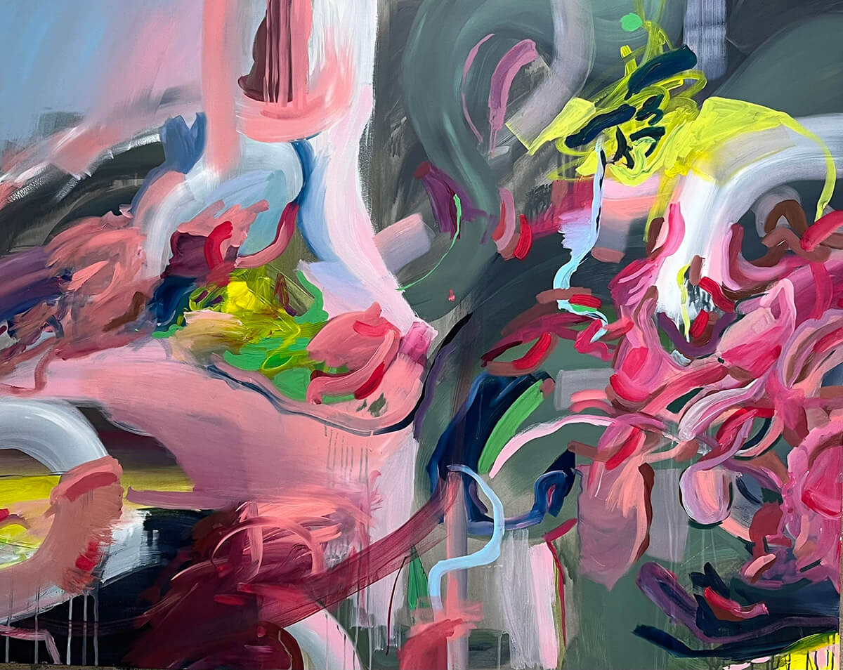 Wurst im Wald – abstraktes Gemälde Pink Gold, Acryl auf Leinwand 120x150 cm