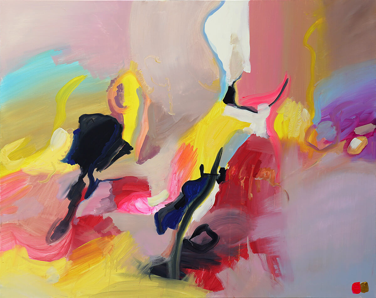 Tukan Laughter – abstraktes Gemälde Pink Gold, Acryl auf Leinwand 120x150 cm