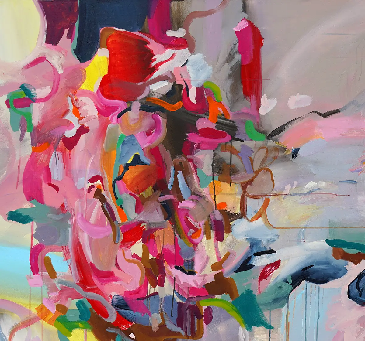 Farbenfrohes abstraktes Gemälde von Künstlerduo Pink und Gold